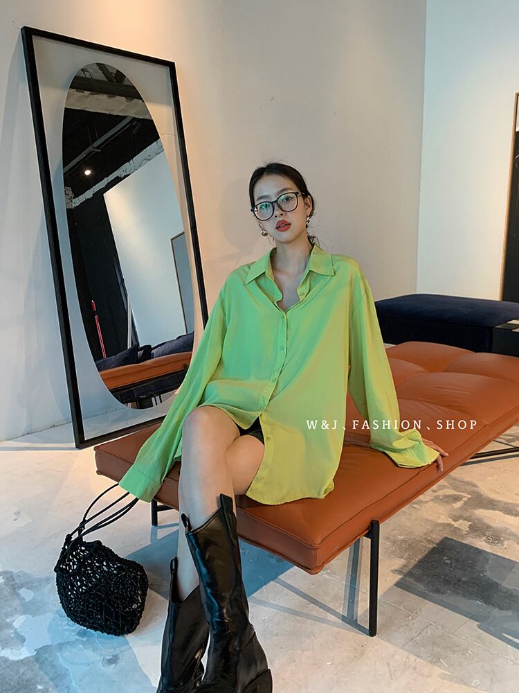ソリッド カラー薄手スタイルシャツレディースオータム ロング 秋物 ソリッドカラー ビッグFスモールZ韓国98574059061