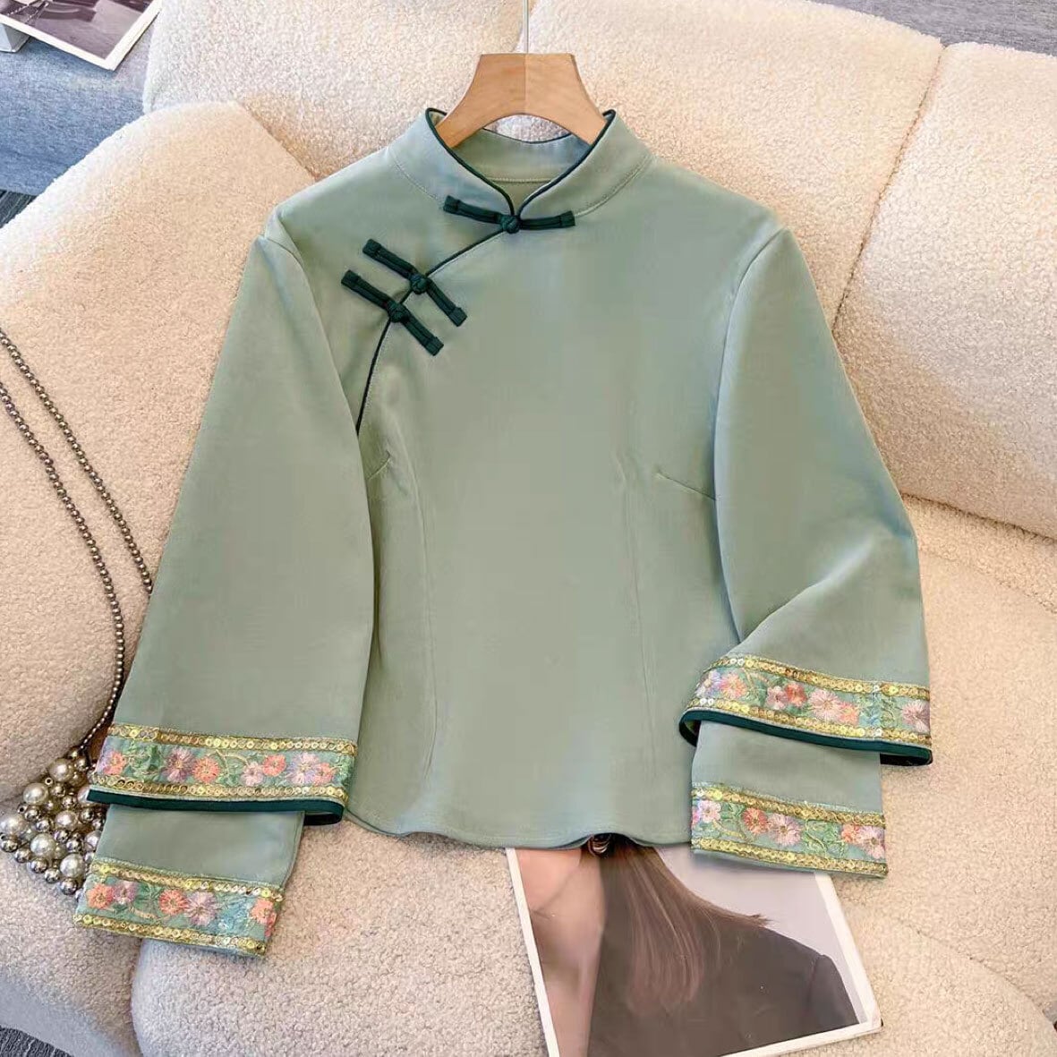 チャイナ服 トップス 装飾長袖 チャイナブラウス グリーン 上品