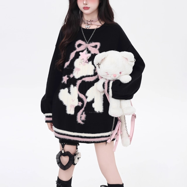 ファンシーラビットリボングラフィックプルオーバーニット(2カラーあり)(lli_6180)