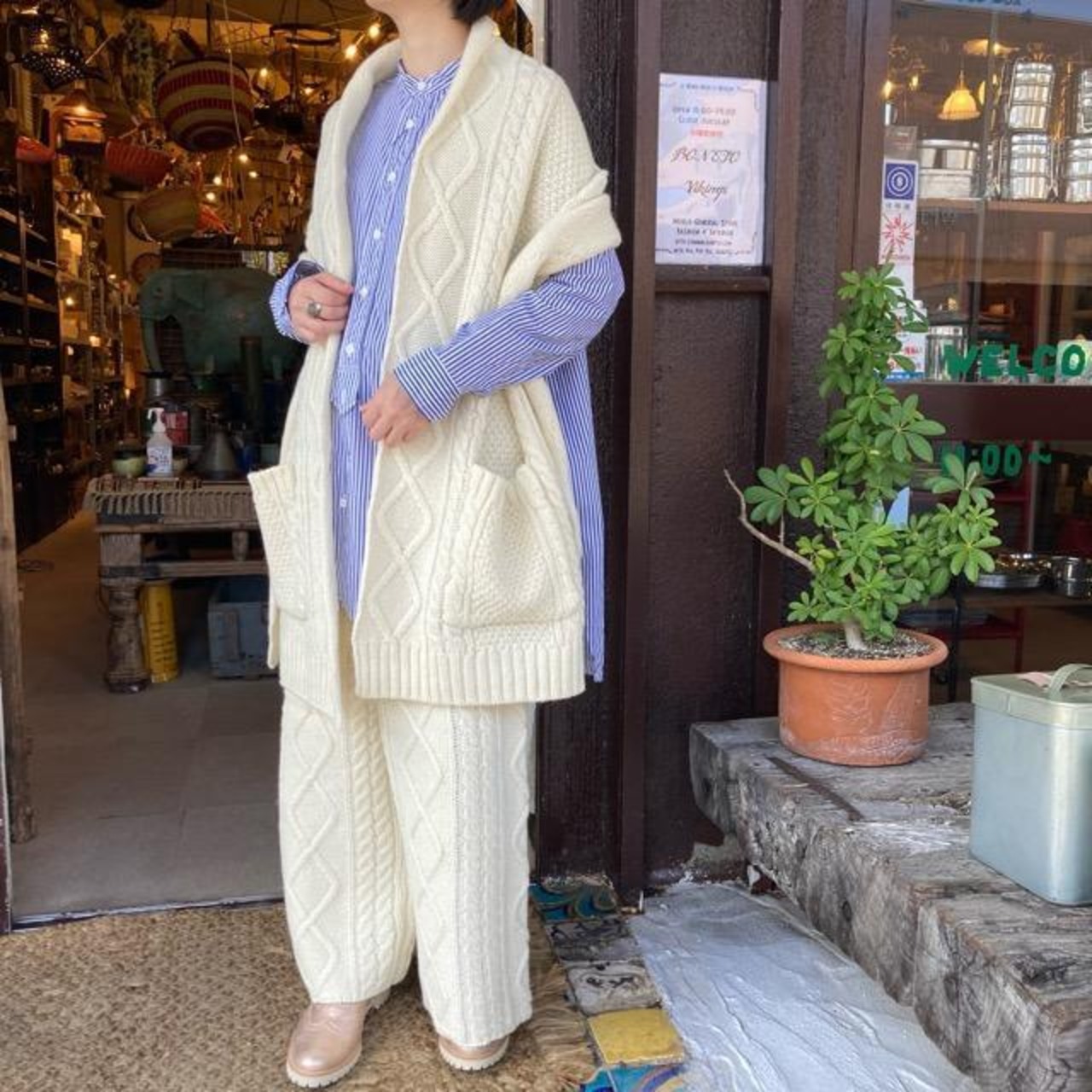 ichi(イチ)　アラン編ニットパンツ　ホワイト