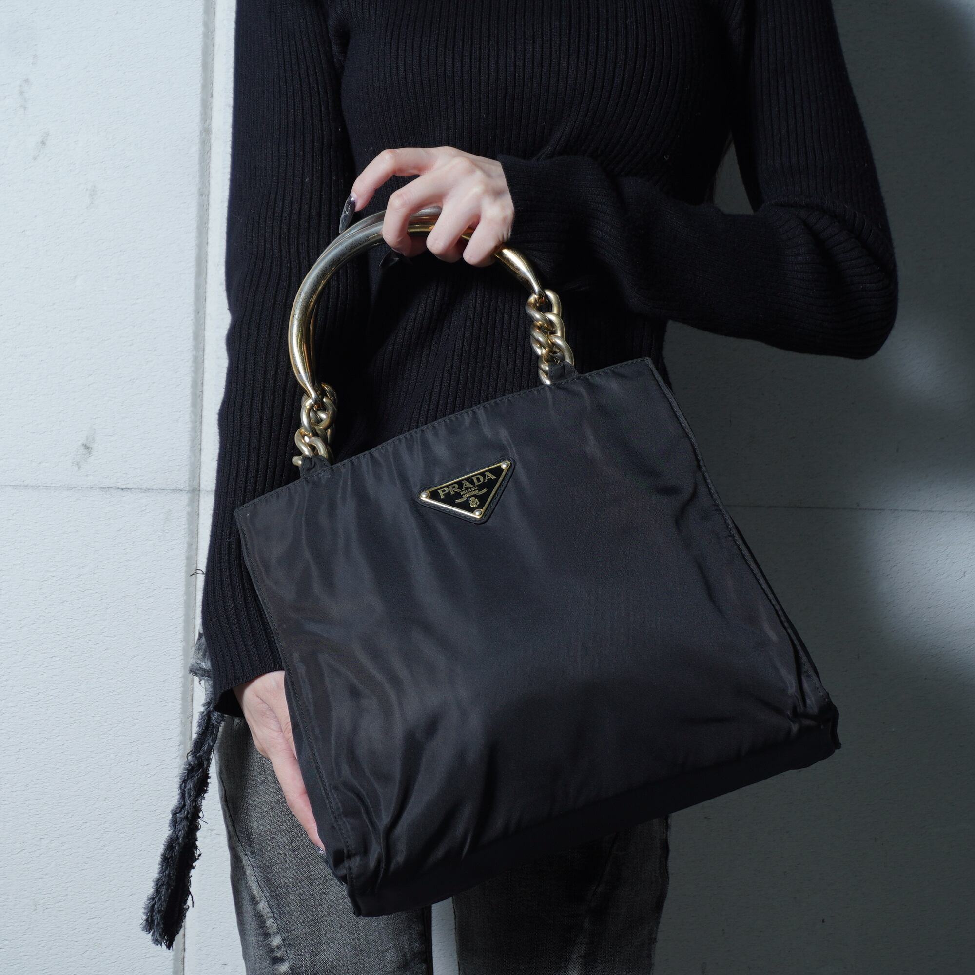 A4対応】美品 PRADA 三角ロゴ トートバッグ レザー ナイロン ブラック 