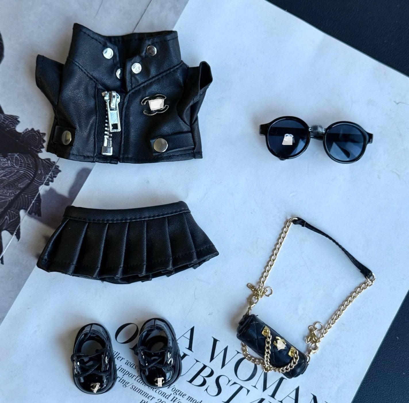 Labubu 1～3代対応 パンク風 レザージャケット+スカート+バックパック+