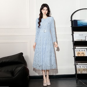 【3色】ロングドレス エレガント フェミニン レース 長袖 ウエストマーク Aライン 美シルエット シャネル風 ボタン装飾 お出かけ 日常 JC2-ZED889519-2GT415