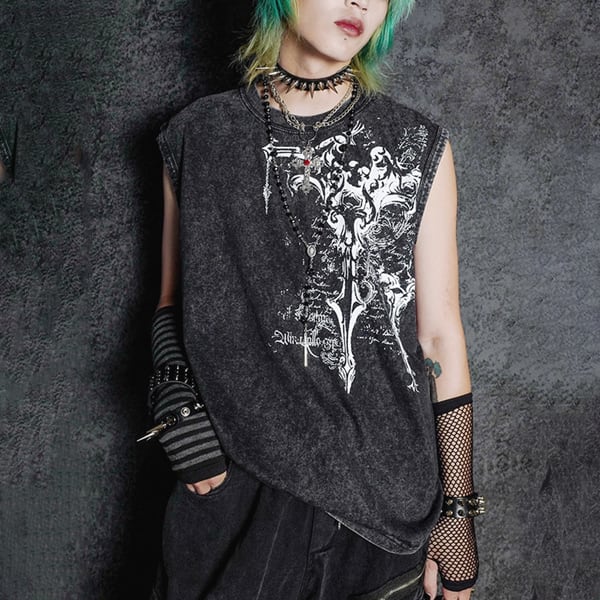 ウオッシュドブラックスカルクロスロゴグラフィックノースリーブカットソー(ruf_02302)