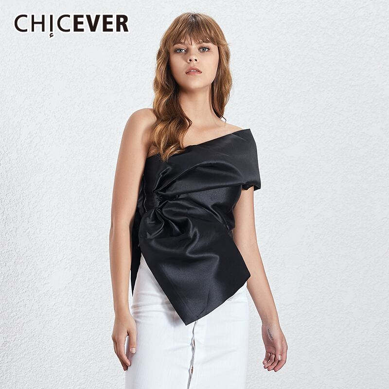 CHICEVERセクシーパッチワークアシンメトリーブラウス女性スキューカラー半袖オフショルダーエレガントシャツ女性ファッションスタイル ショート ハーフスリーブ 6base552838252971