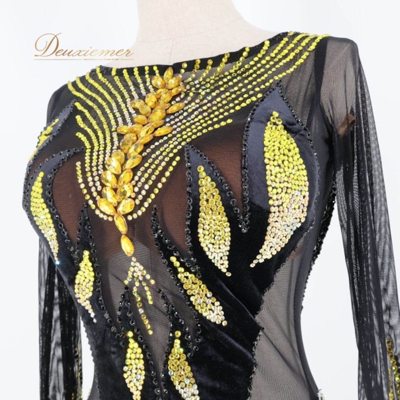 社交ダンス 衣装 The ONE ザワン スタンダードドレス ワンピース ドレス フロート レース 黒 黄色 グラデーション デモ 競技 ダンス パーティ 発表会 ベロア ブラック系 イエロー系 高級感 フロア映え ドレス美しい デモ用 カラフル グラデーションドレス スタンダードダンス衣装 おしゃれ ダンスイベント 競技用ドレス