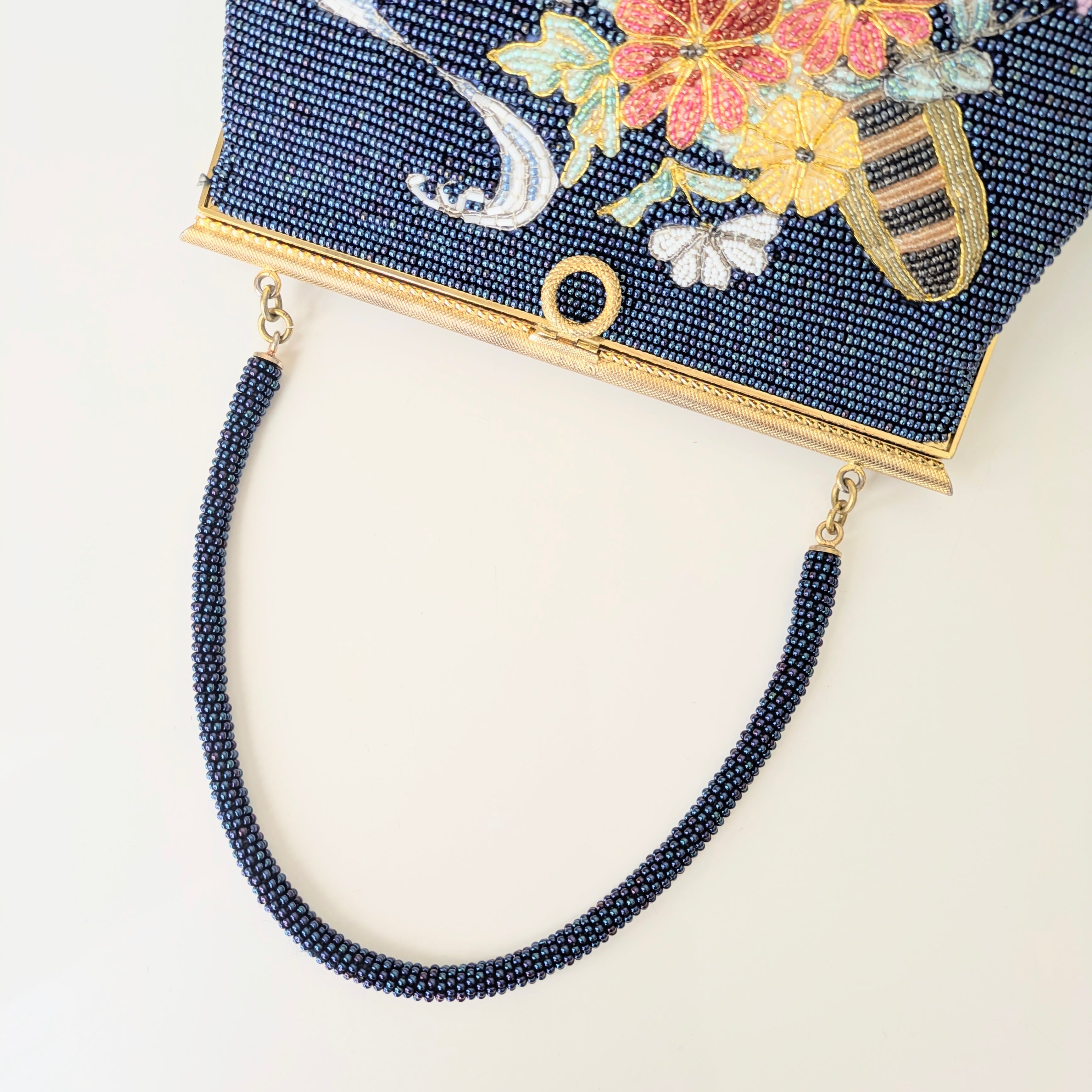 Vintage】ビーズ刺繍バッグ 紺色 金 花筏 パーティーバッグ 昭和レトロ