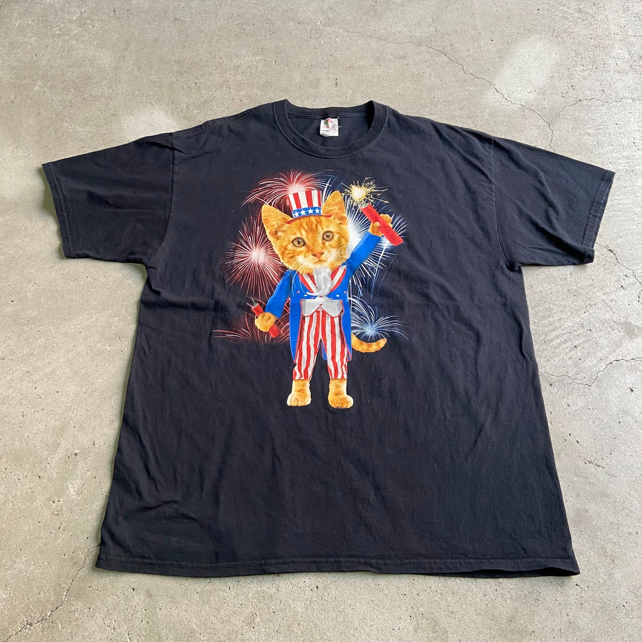 花火 ねこ 猫 アニマル パロディ プリントTシャツ メンズXL 古着 