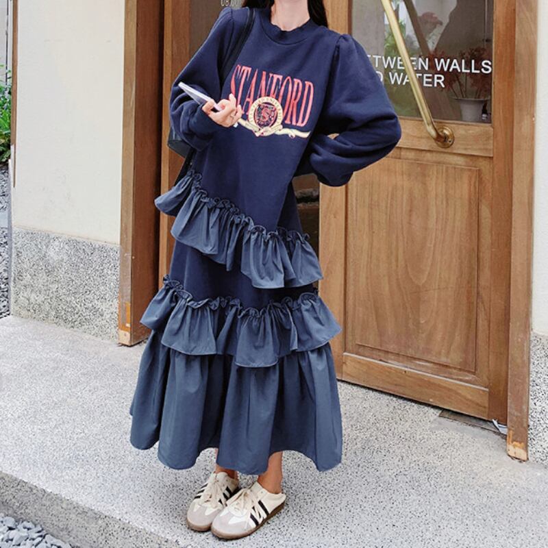 Navy College Logo Tiered-Frill Sweat Dress S0321