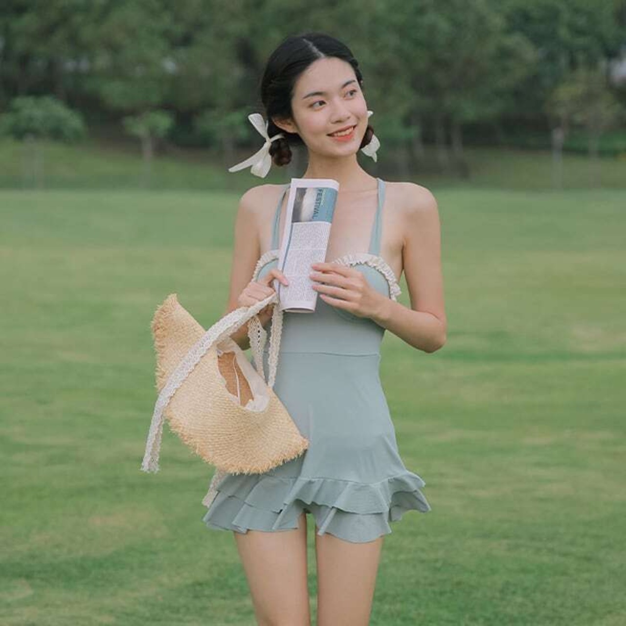 shikaidiミントブルーフリルワンピースタイプ水着