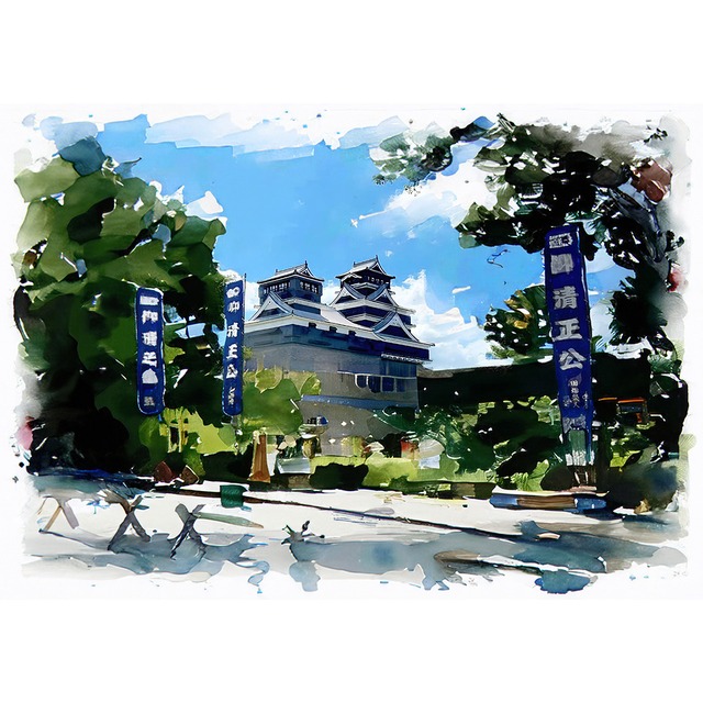 絵画 風景画 日本の城 熊本県熊本城 インテリアアート額付き 水彩画・油絵風 WAT0968