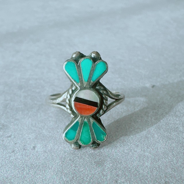 【J328】ズニ族 インレイ ヴィンテージリング シルバー　12号