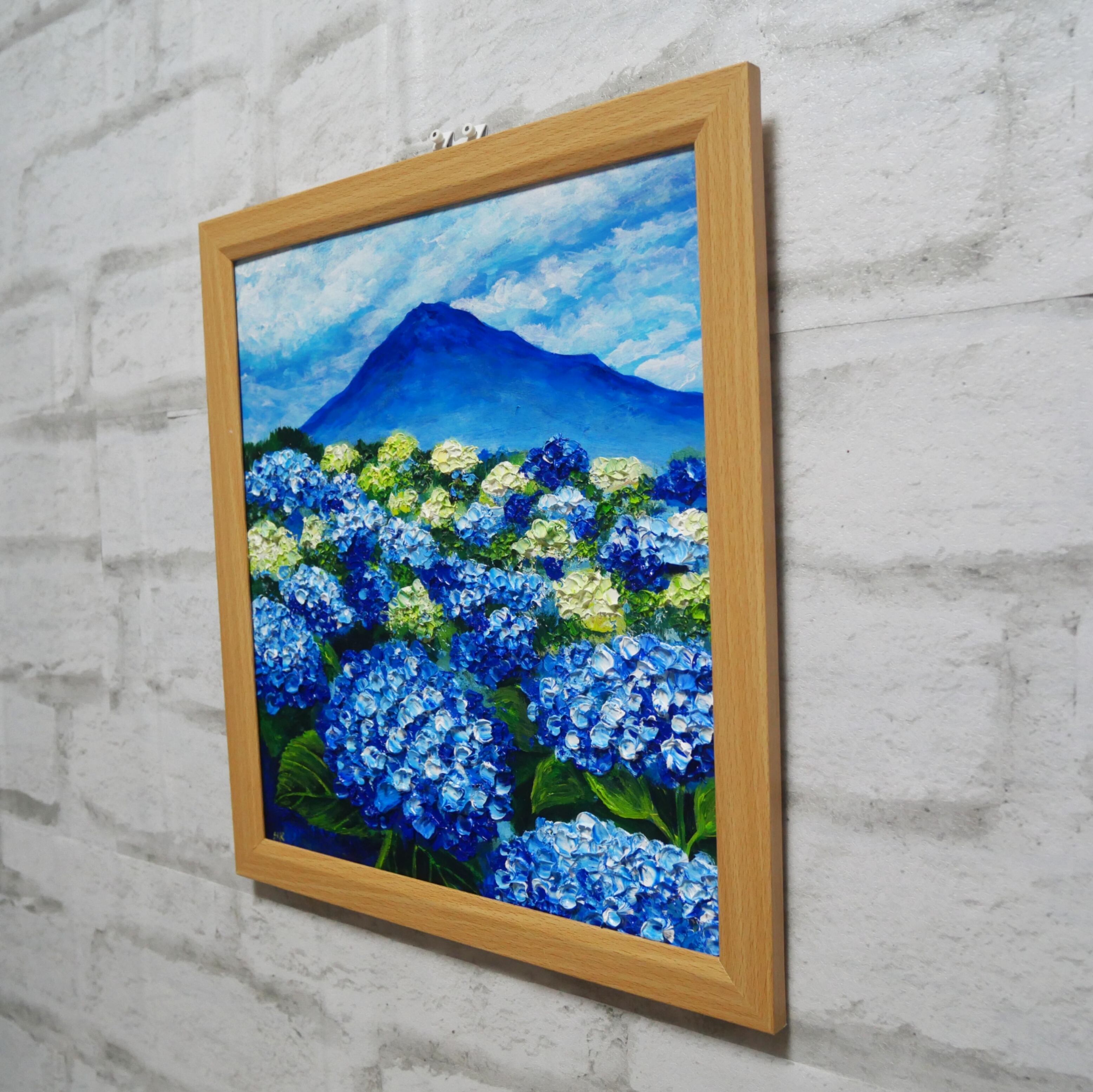 油絵 絵画【青の情景 〜富士と紫陽花の咲く丘〜】油彩画 風景画