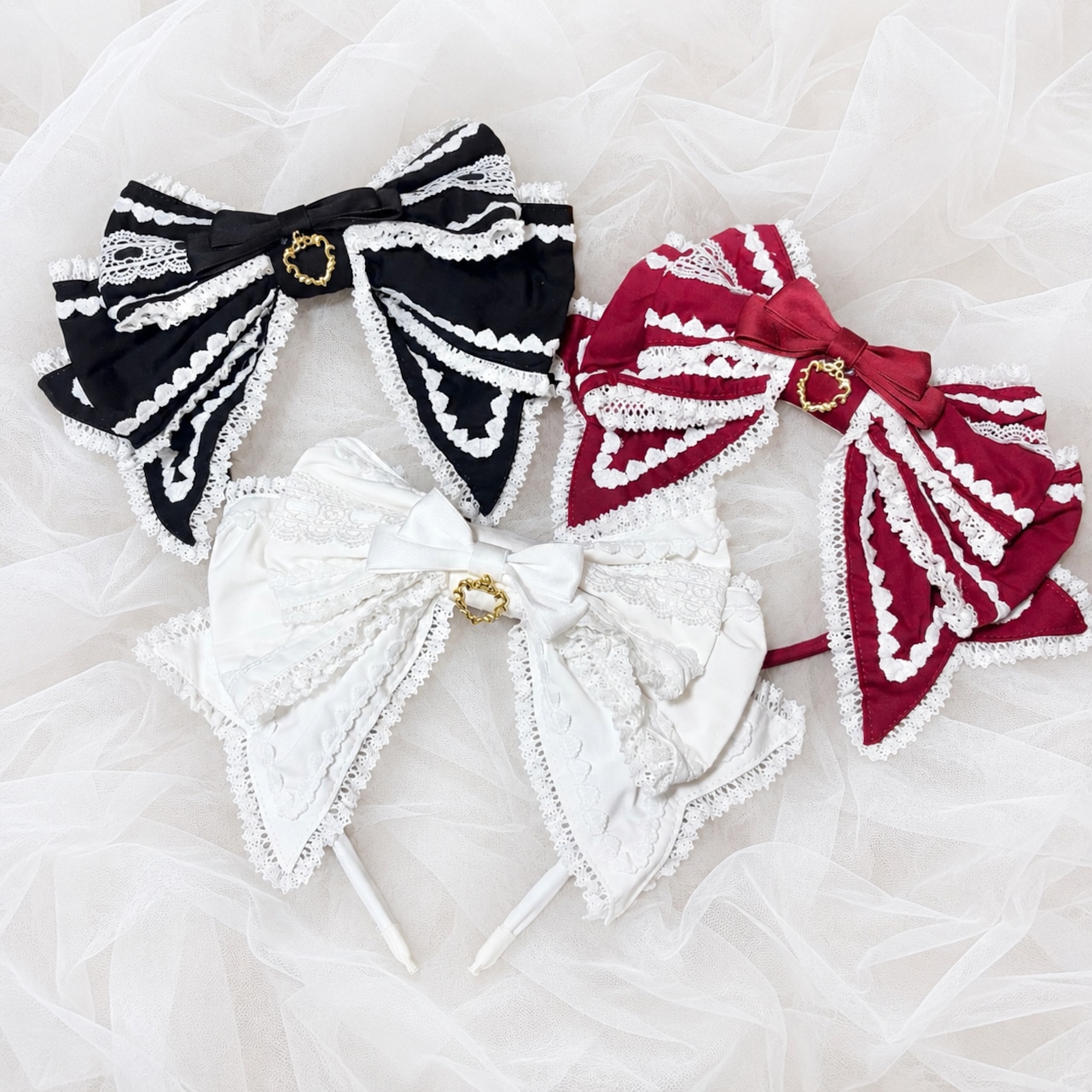 ♡【全5色】MAID ハートチャーム マットリボンフリルレースカチューシャ pink ♡