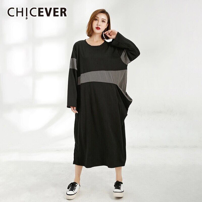 CHICEVERストリートウェアドレス女性Oネック長袖パッチワークポケットヒットカラールーズストレートドレス2021秋 ロング オータム 秋物 6base511123375524