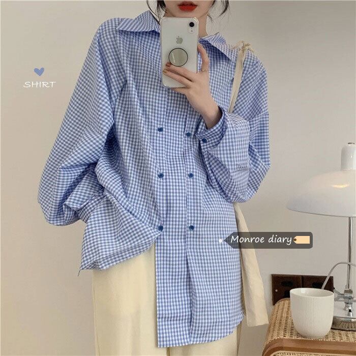 ブルー格子柄シャツ レディースオータムウィンタージャケット トップス ロング 秋物 冬物 モンロー82280619040