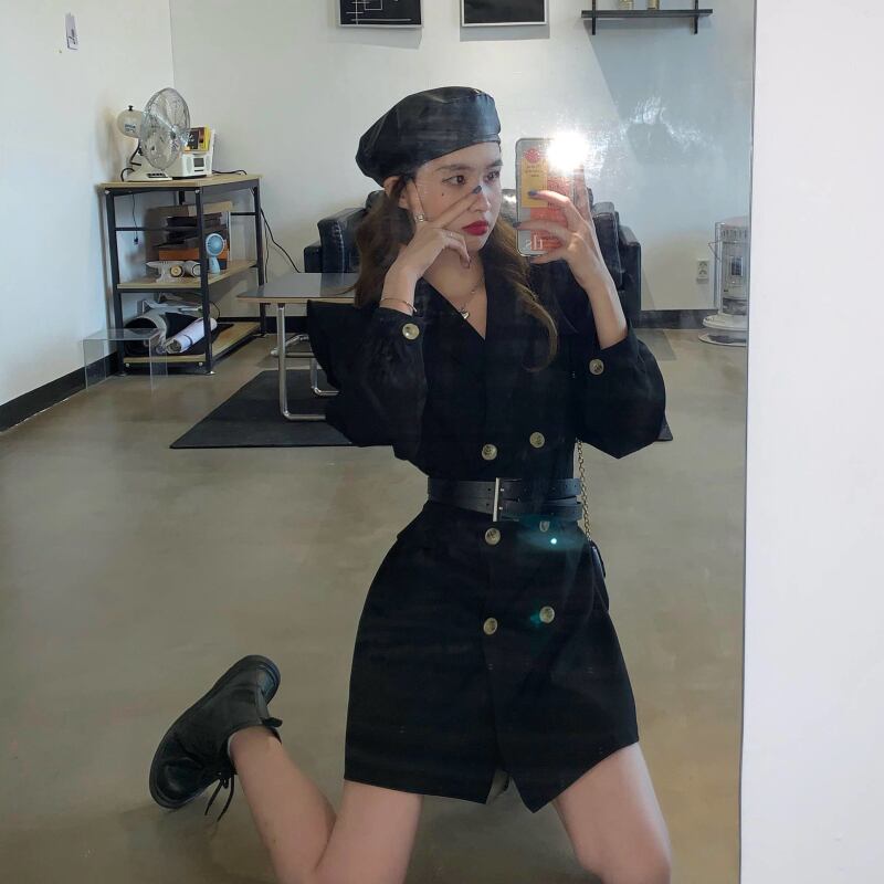 黒のスーツ襟ダブルブレストドレス女性秋スリムスリム長袖ショートスカート2020新気質スカート ブラックストロベリース10980250870