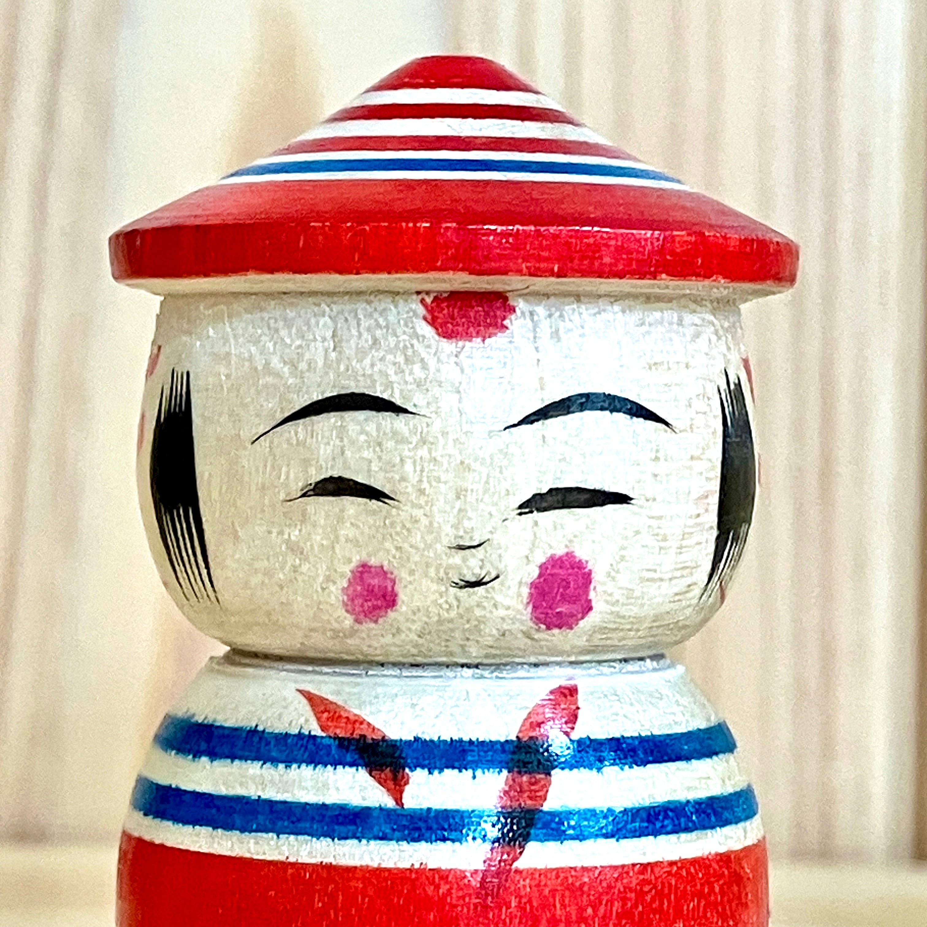 新山実工人：弥治郎系】 1.5寸 こけし 赤青 ： 5cm N10MiN-57