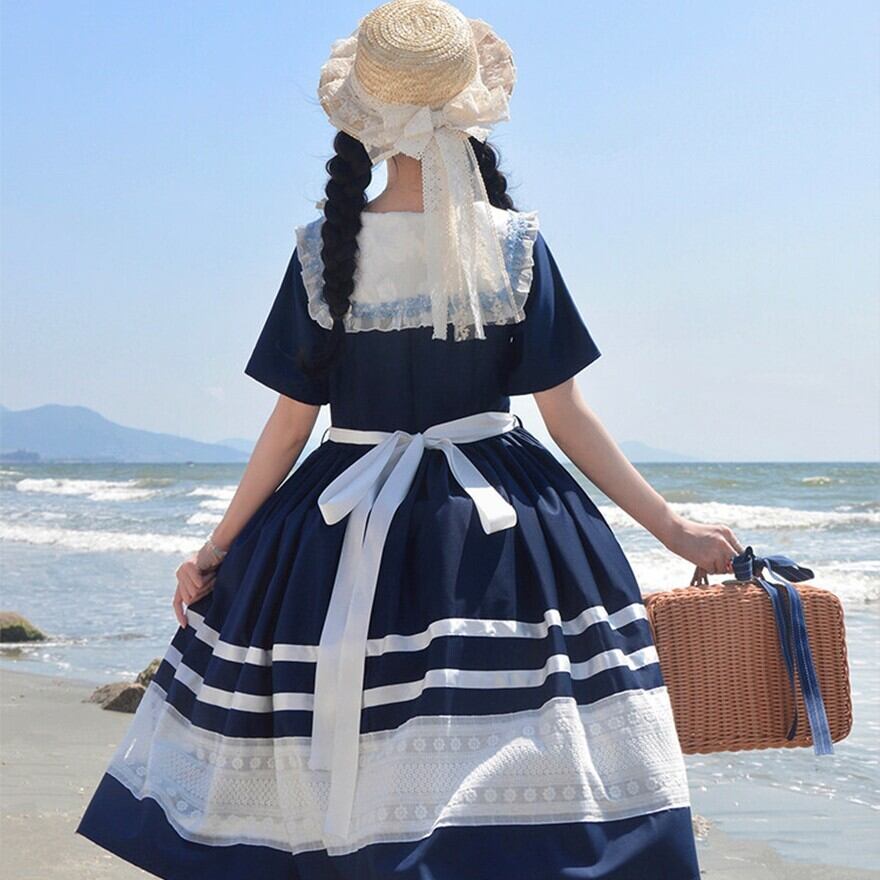 セーラー風 半袖ワンピース 夏マリン ロリィタ 海辺コーデ ネイビー