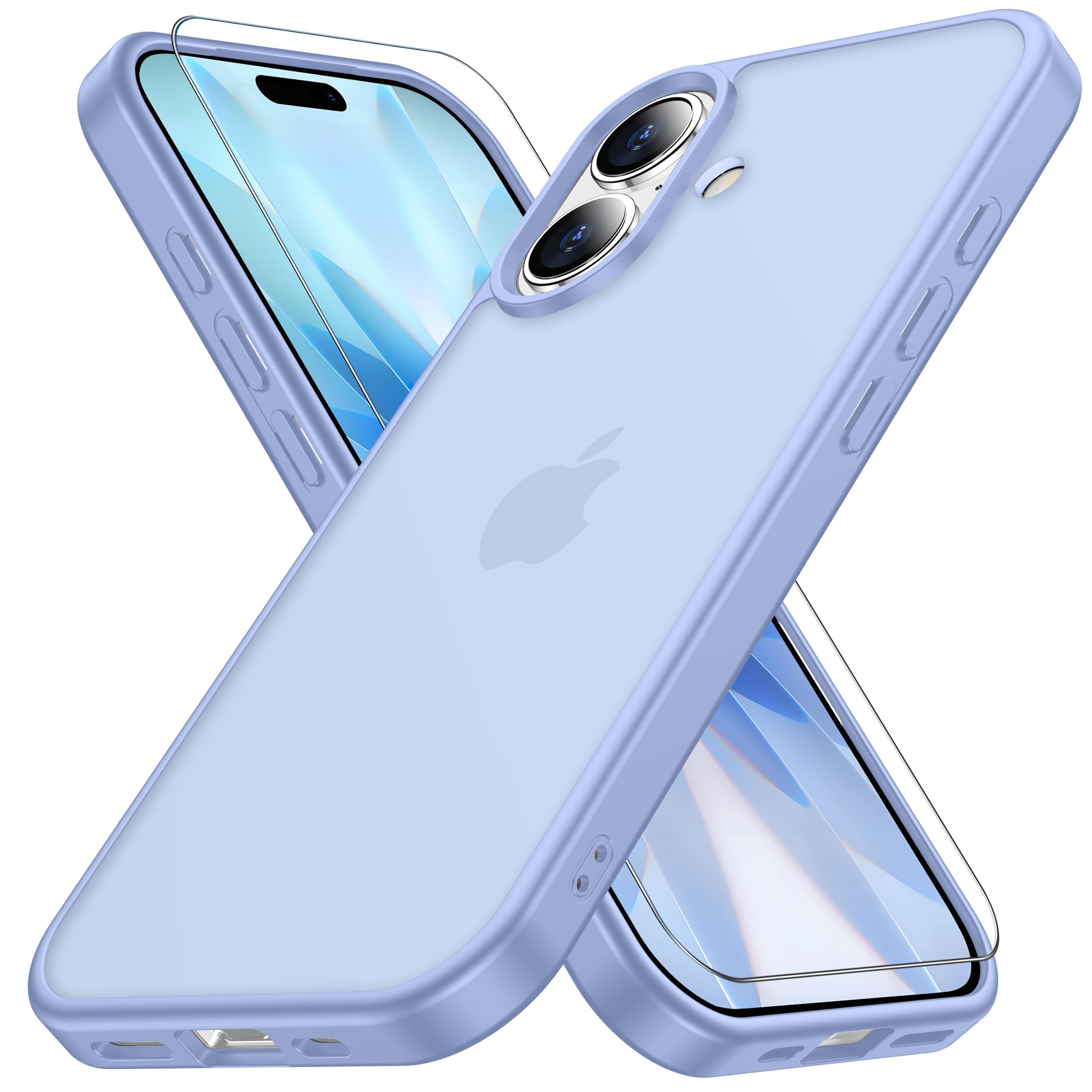 iphone 17 用 ケース 【米軍MIL規格 指紋防止】 ガラスフィルム付き 半透明 耐衝撃 黄ばみなし マット ブルー gogorelax