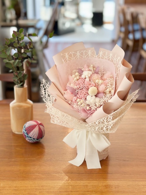 《母の日》S6.置けるドライフラワー花束(花てまり/ピンク色・紫色・白色)　□Sサイズ　 画像