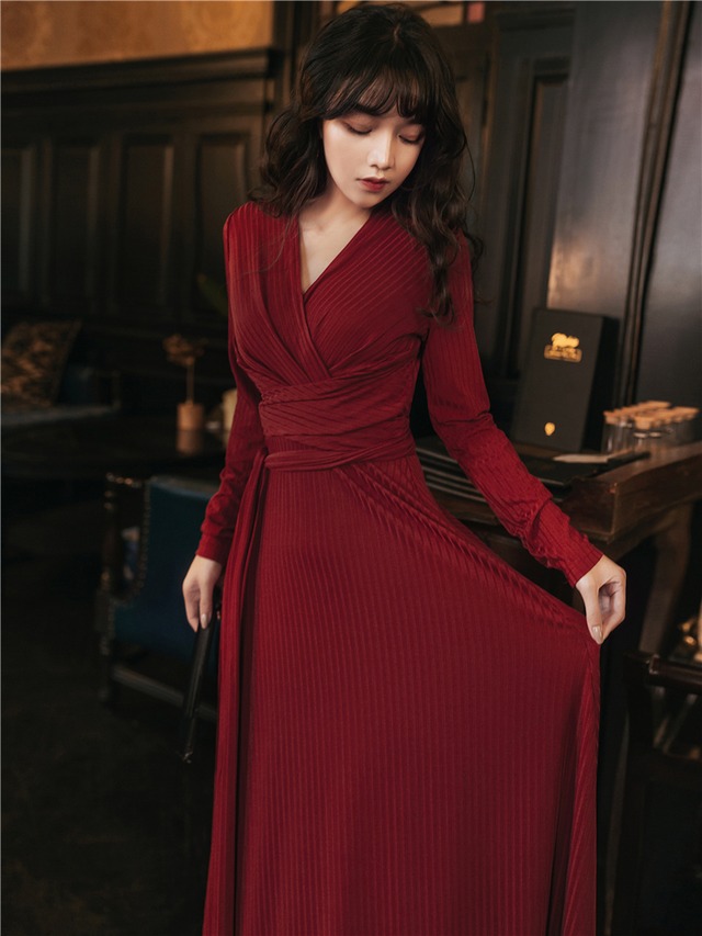カシュクール ハイウエスト リブ編み 長袖 ニットロングワンピース 赤 S M L 7519 ブライズメイド パーティードレス専門店glitter Glamour グリッターグラマー