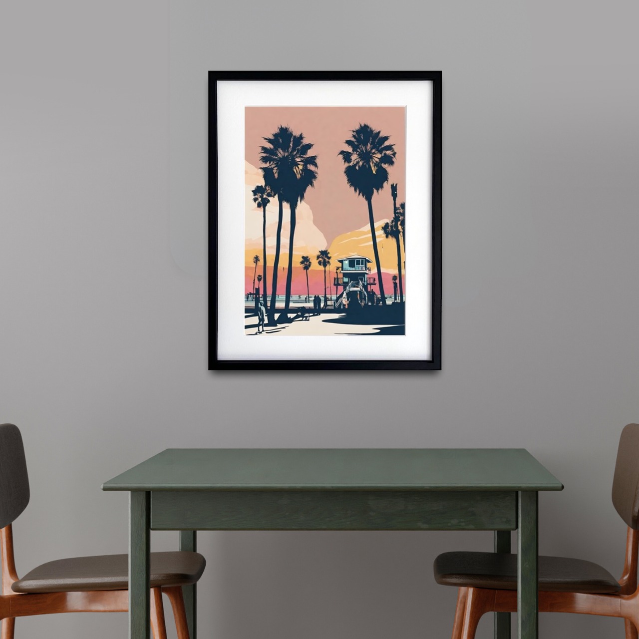 Santa Monica Beach｜西海岸の夕景が彩るビンテージアートポスター｜大人のレトロモダン空間に映えるサンタモニカの風景A2ポスター