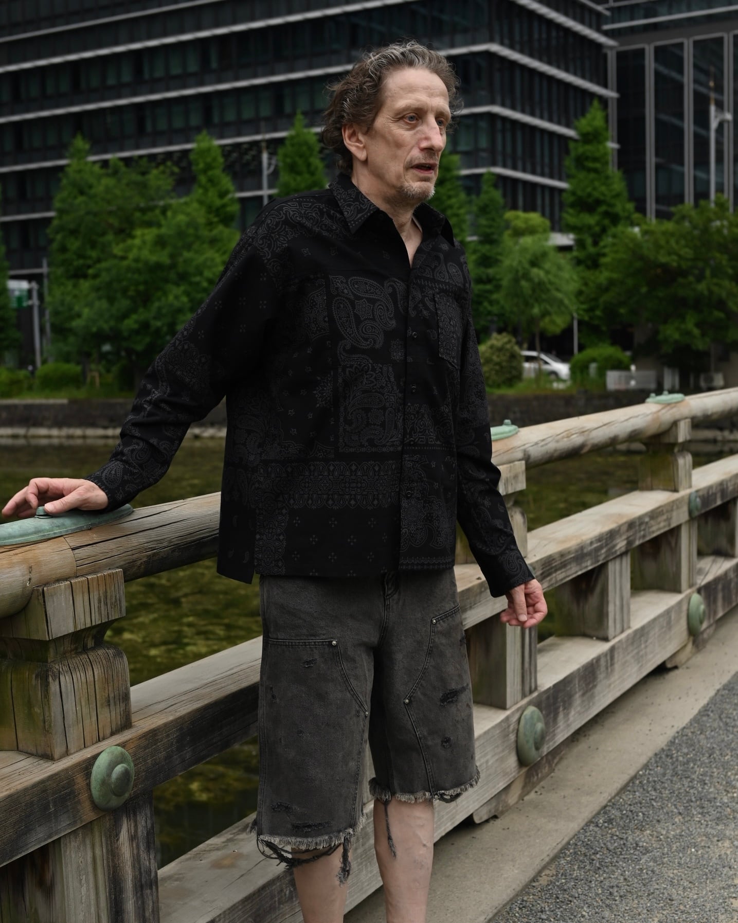 MH051 Damaged work shorts / BLACK DENIM | MIYAGIHIDETAKA