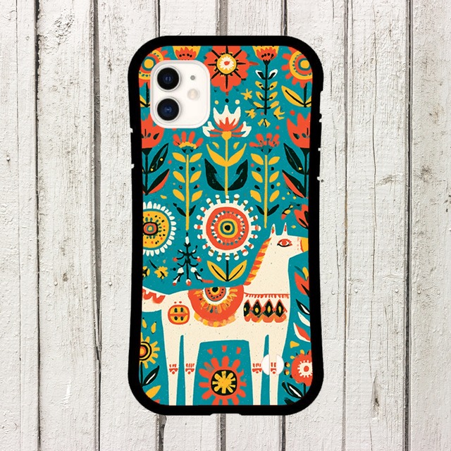 受注生産 iPhoneケース 白い馬と花の民芸装飾画｜フォークアート PSYF008A