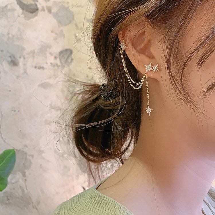 チェーン&クリスタルピアス ピアス アシンメトリー チェーン クリスタル 星 スター キラキラ