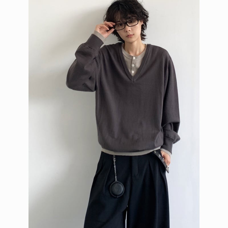 jiwuusフェイクレイヤード半開きボタンカジュアルニット