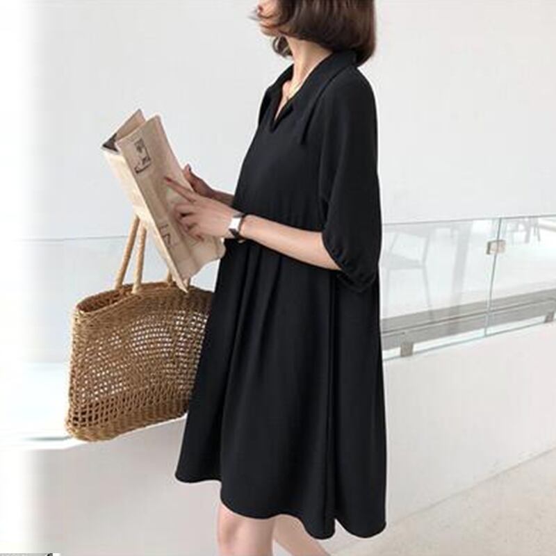 【新作】【送料無料】 2019マタニティサマーブラックドレスルーズ半袖Vネックターンダウンカラー妊婦コットンドレスエンパイアドレス ショート ハーフスリーブ 夏物 AL expec370559290940