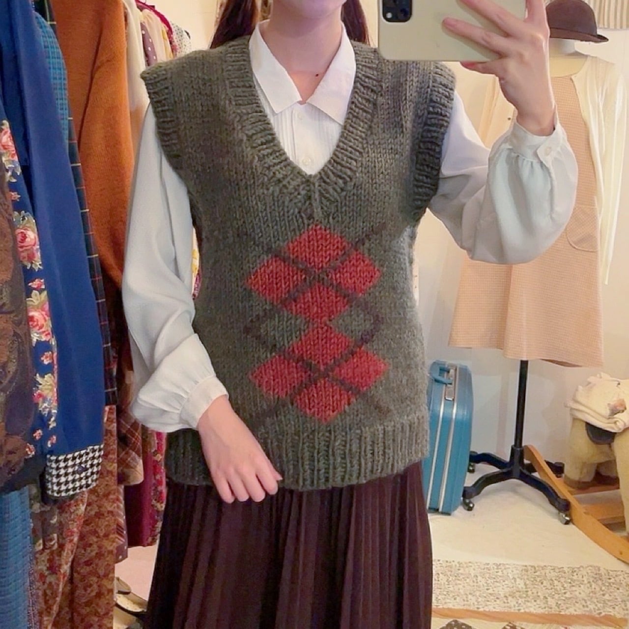 green argyle hand knit vest