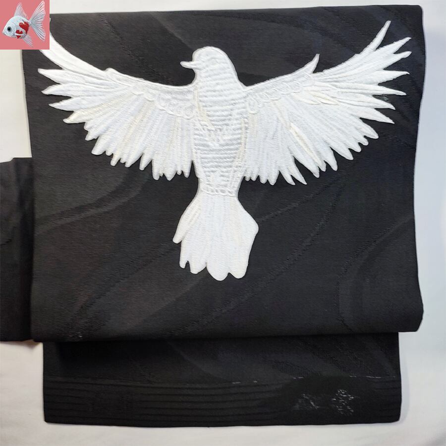 シノワズリ 手刺繍 パッチワーク 名古屋帯 正絹 鳥 桃 花 ザクロ 縁寿