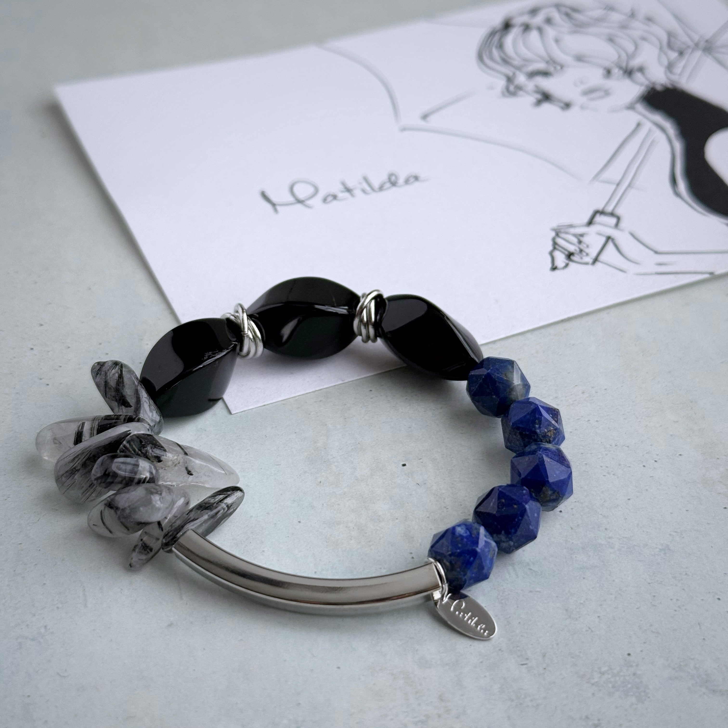 Tube & stone bracelet(オニキス×ラピスラズリ×ブラックルチルクォーツ)