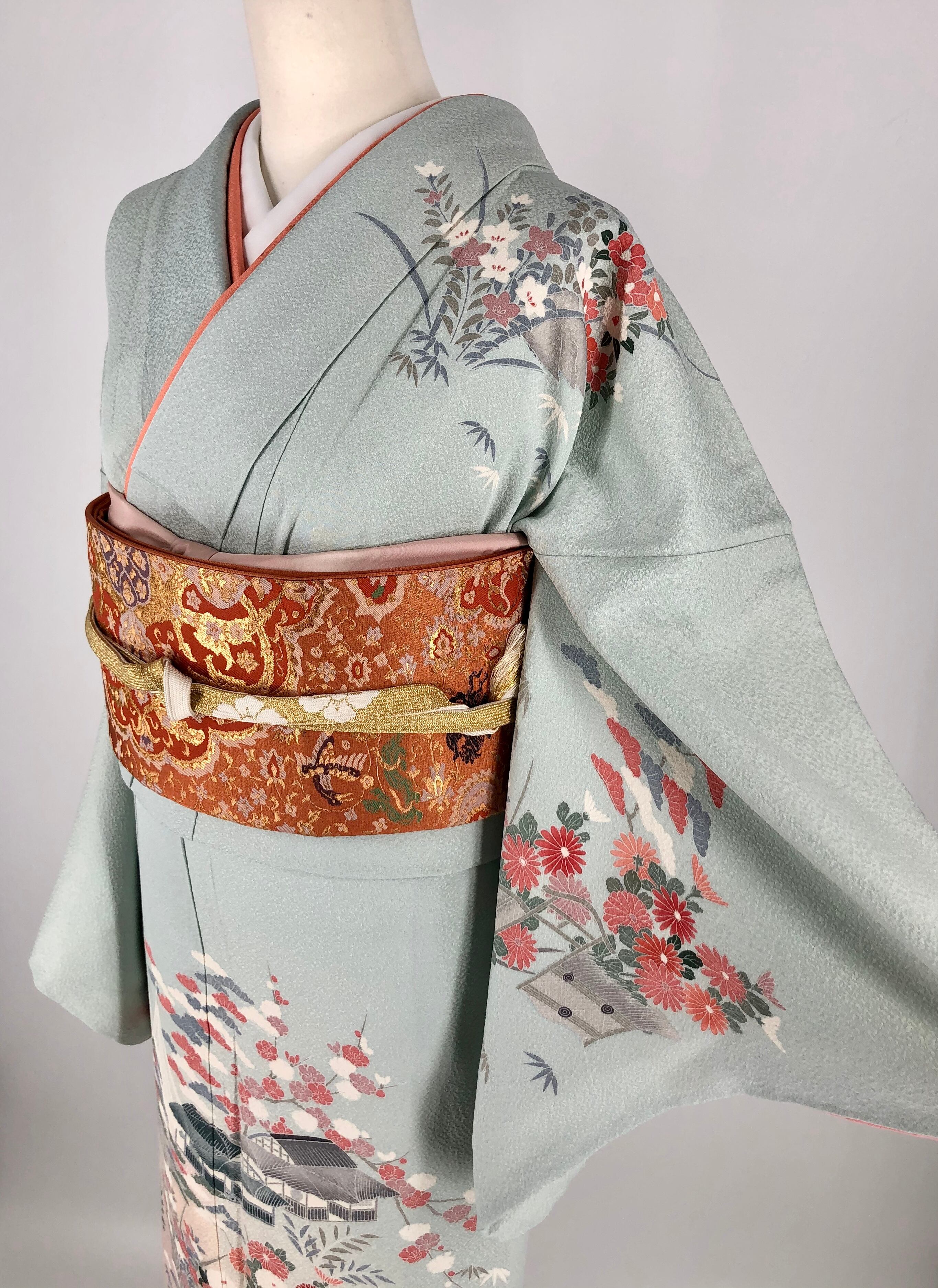 訪問着フルセット 着物 正絹 友禅 ブルー 水色 四季草花 I4 囲わ