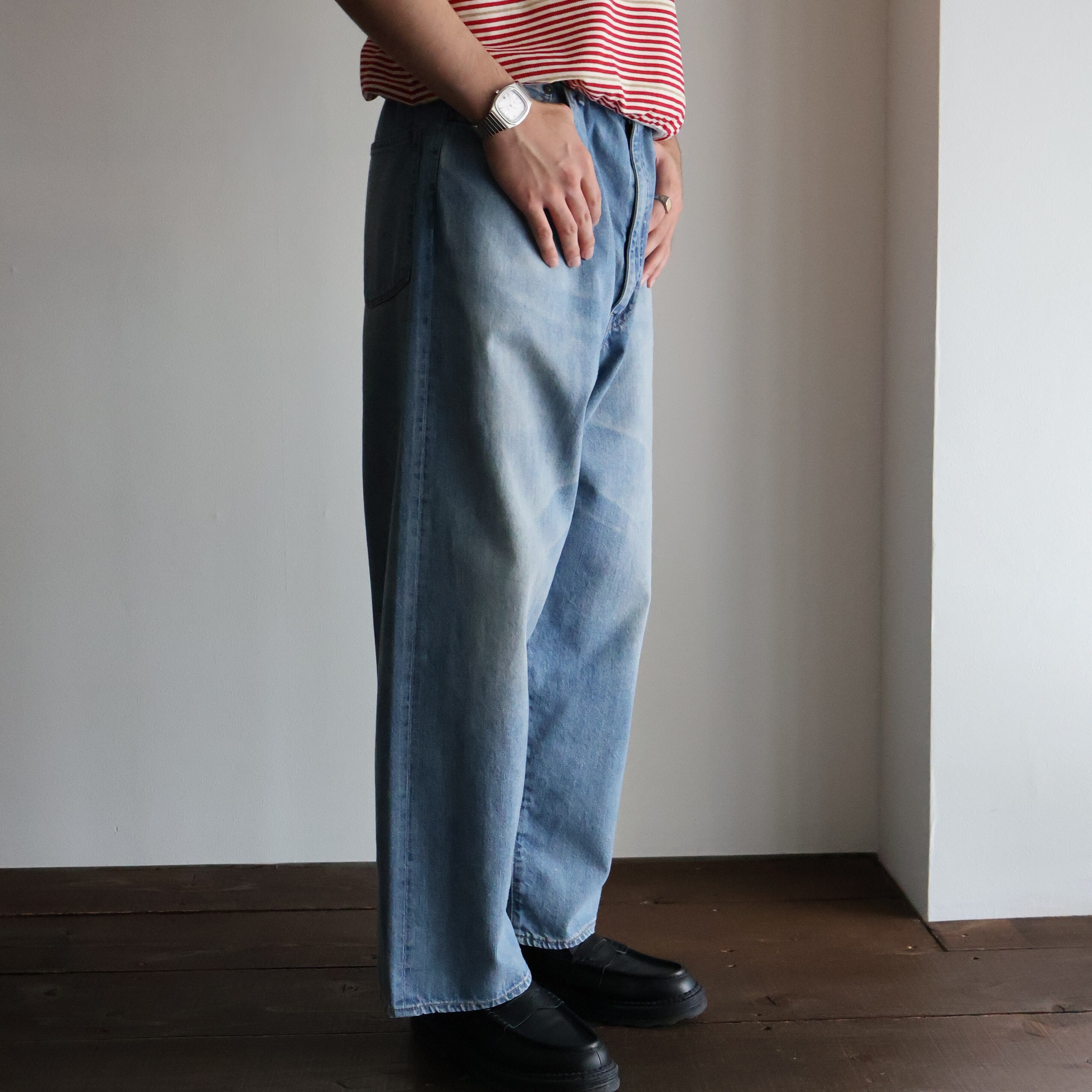 awasa “ selvage light oz denim 5 pocket wide pants ( Indigo fade