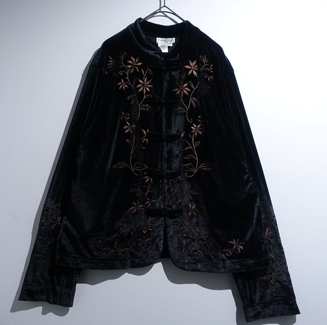 Black Flower Motif Embroidered Design Velour China Shirt