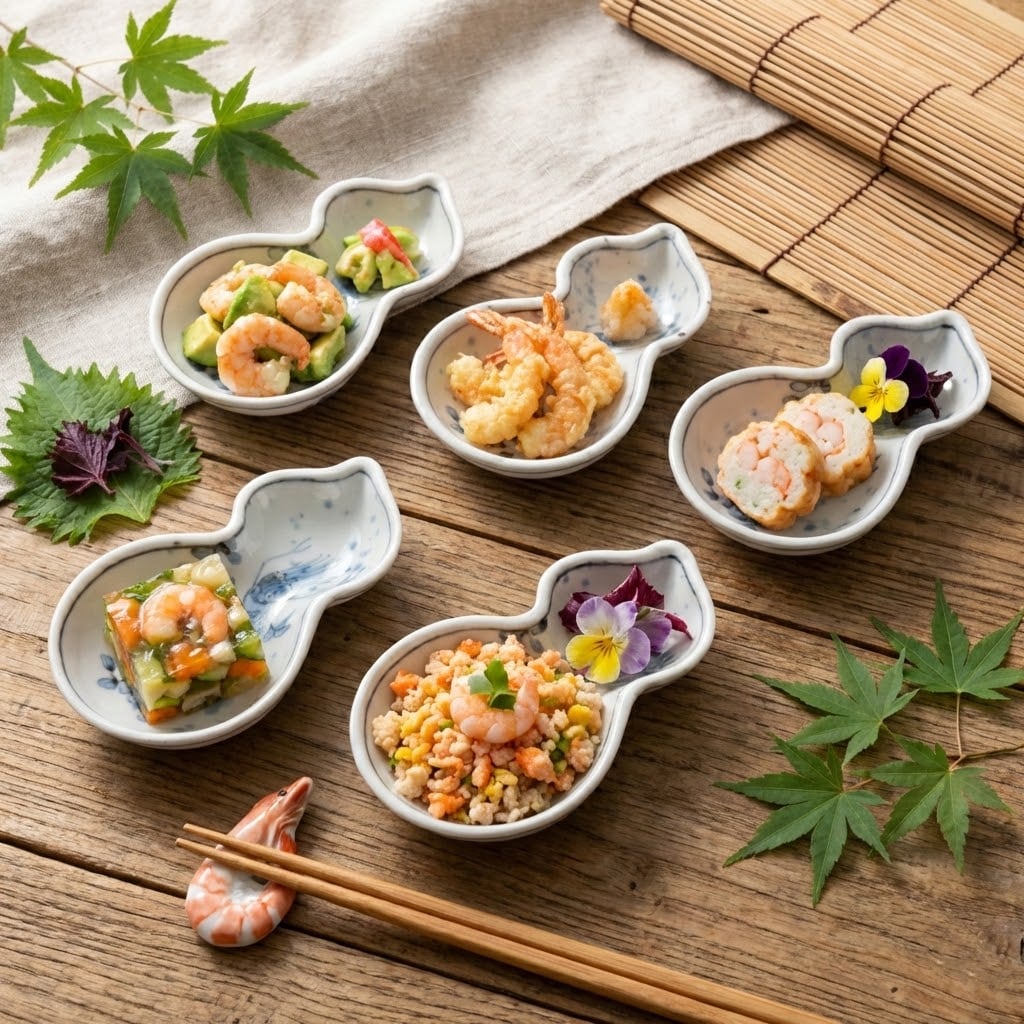 瓢箪型小鉢揃 染付海老 万平窯 | hisadashop