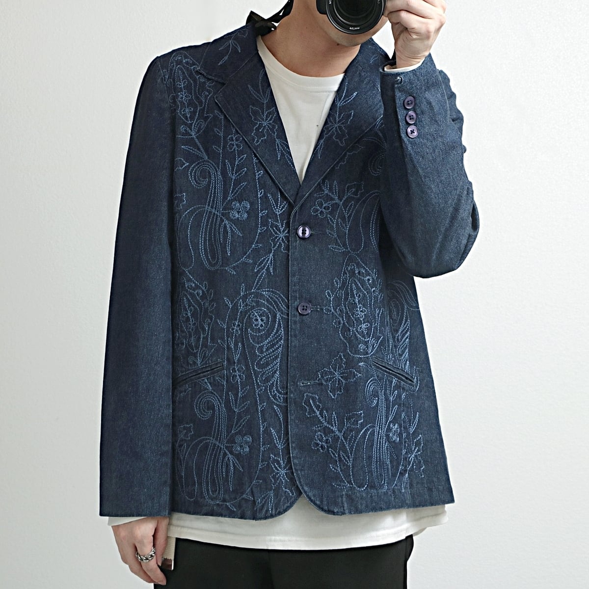 90s DENIM&Co ボタニカル刺繍 デニム テーラードジャケット 古着 used レディース