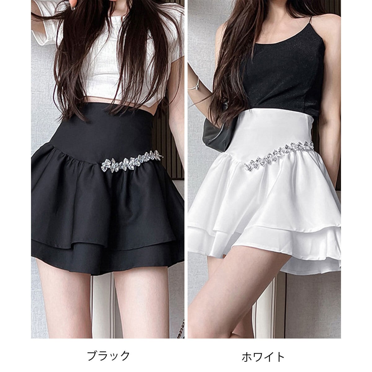 フリル ミニスカート レディース 春 夏 韓国 ダブルフリル 大人 かわいい きれいめ おしゃれ カジュアル ハイウエスト ビジュー付き Aライン インナーパンツ付き 大人可愛い 大人女子