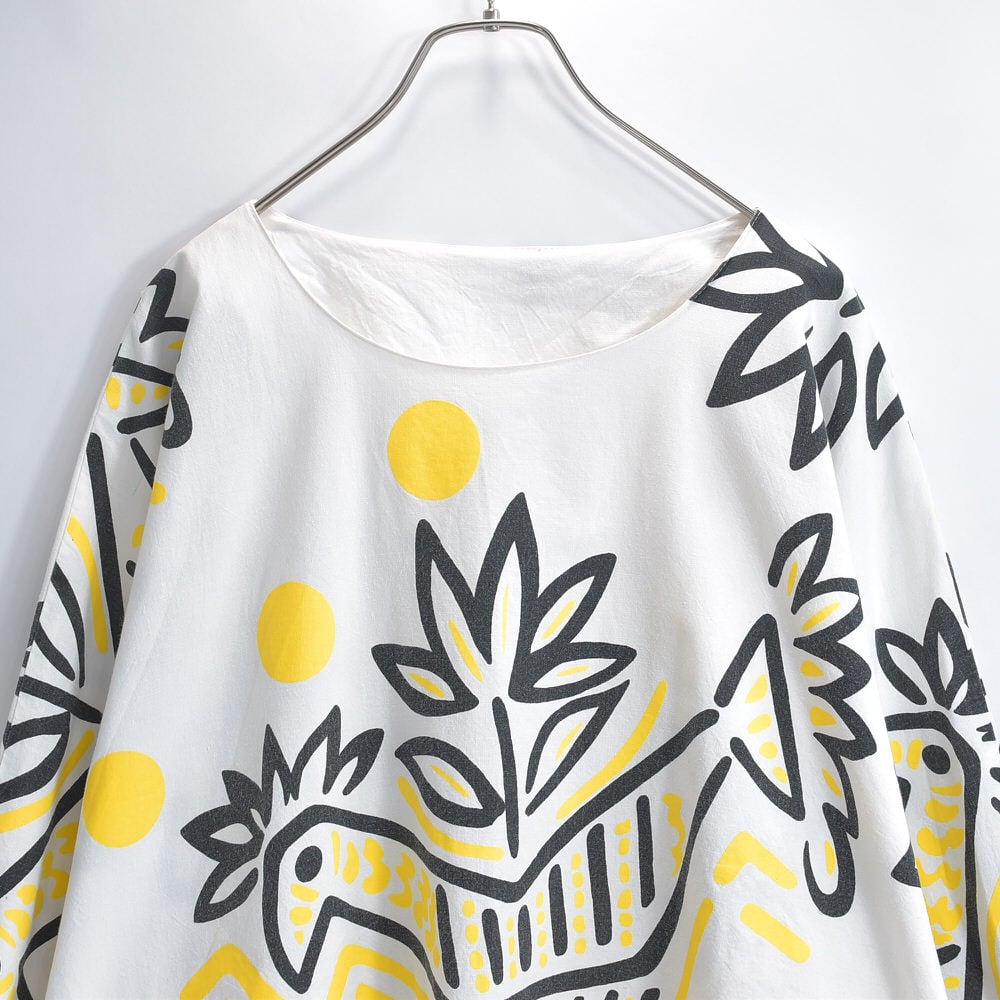 80~90s USA製 young Edwardian ヤングエドワーディアン アート デザイン 鳥 花 プリント ドルマンスリーブ ルーズシルエット プルオーバー トップス ホワイト ヴィンテージ ビンテージ USA アメリカ古着 レディースXL相当