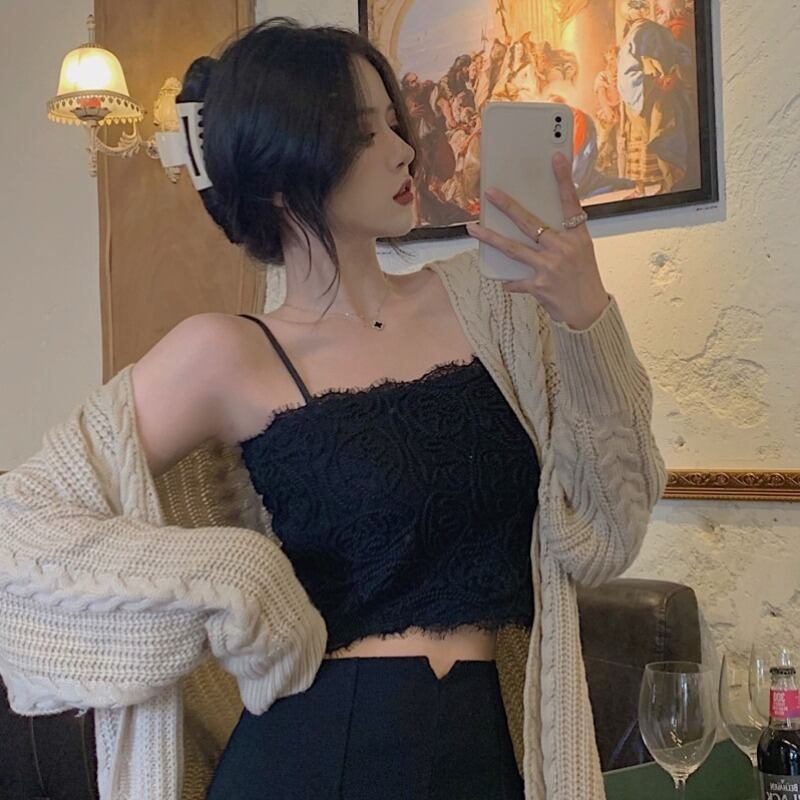 オータムウィンターブラックレースショートスリムフィットシャツ ノースリーブトップス 秋物 冬物 ブラックストロベリース20774137451