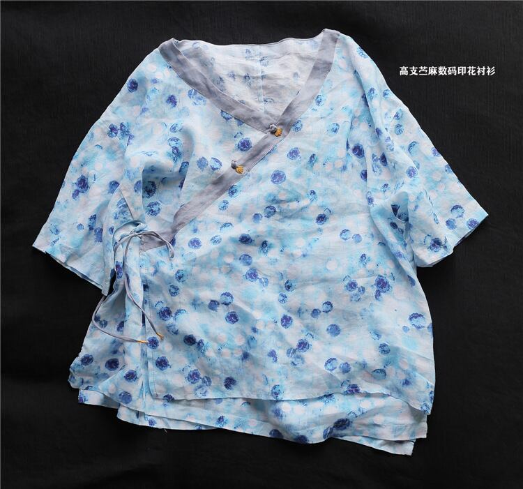 プリントボタンシャツ ブルー レッド Yiranxuaディースワード12626836926