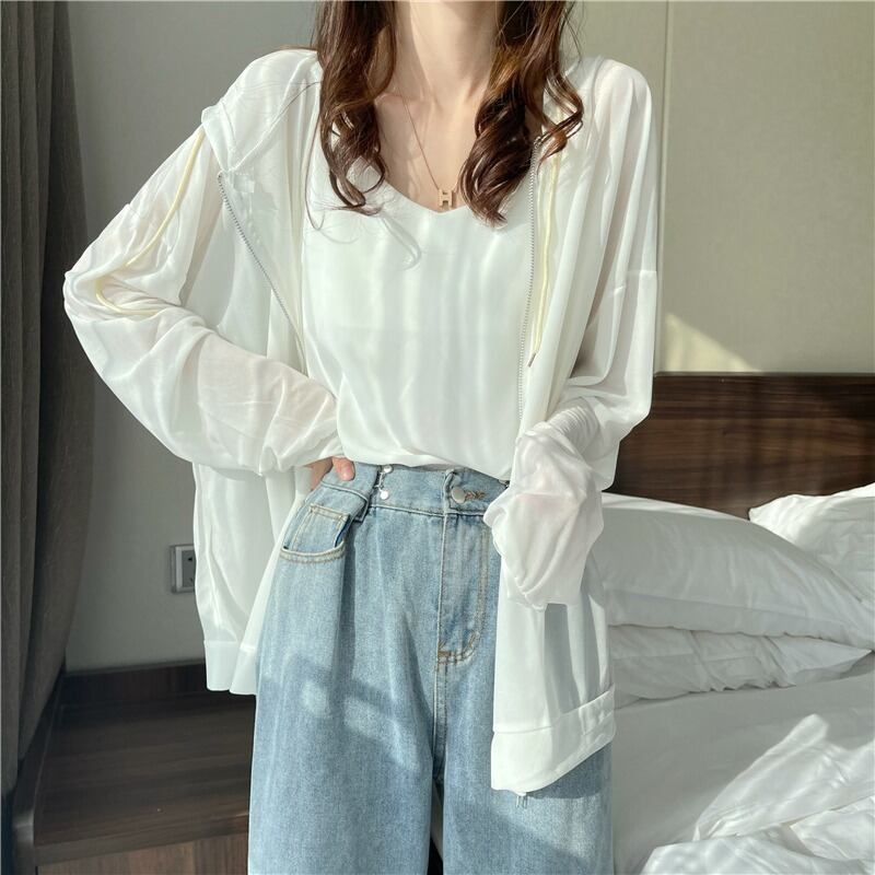 フードジャケット 薄手レディースサマールーズホワイトトップス ロング 夏物 1号婦人83675781253