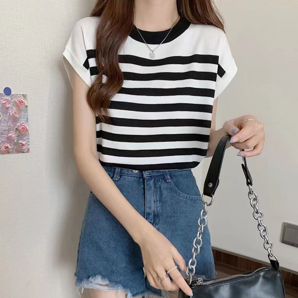 フレンチスリーブ ボーダー ニット レディース 春夏 韓国 おしゃれ 大人 カジュアル きれいめ 薄手 涼しい シンプル インナー トップス 大人可愛い 大人女子