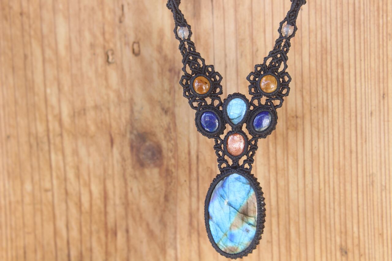 Multi color labradorite & Blue Labradorite & Sunstone & Lapis lazuli & Citrin micro macrame necklace