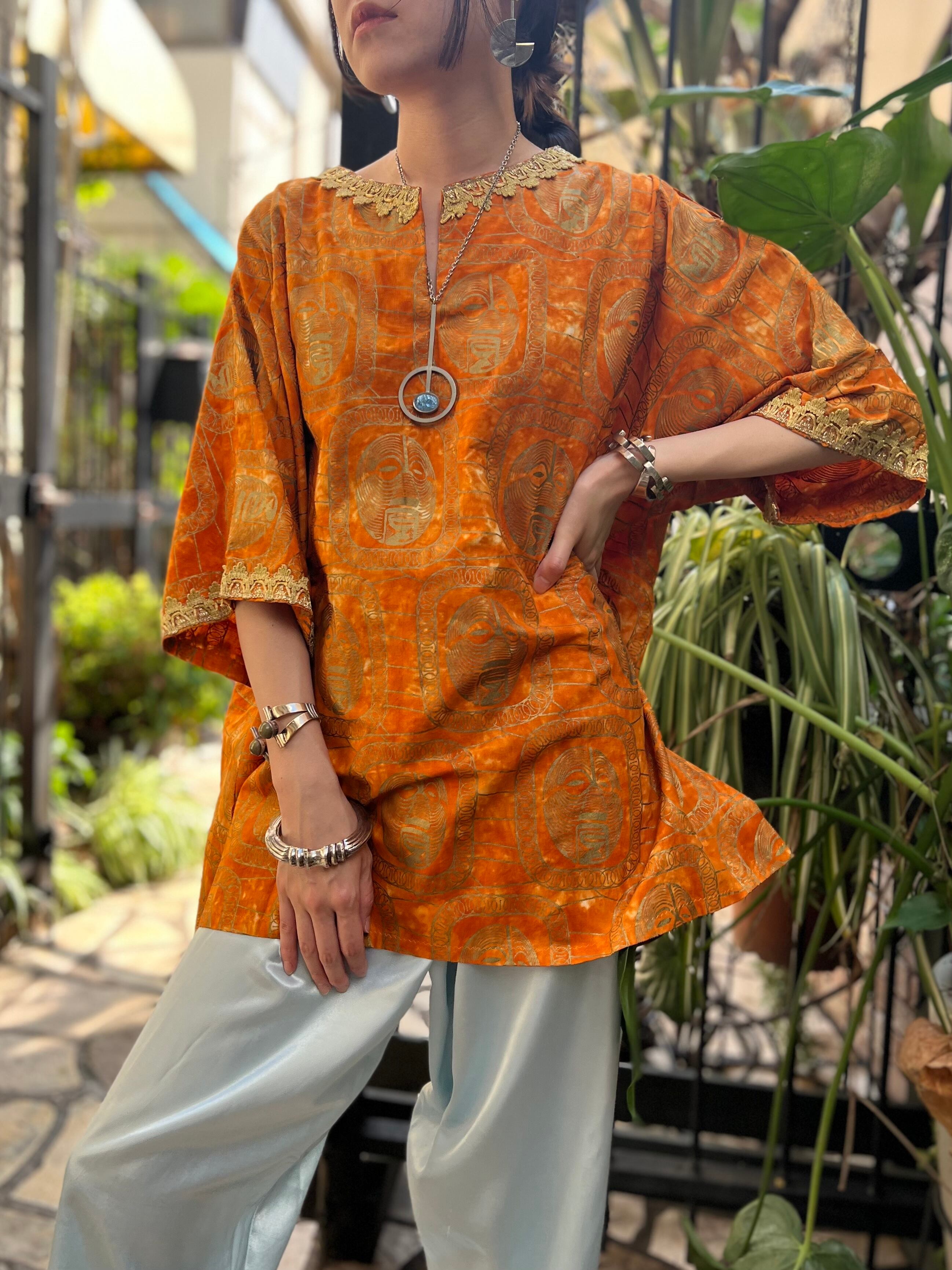 Vintage african batik orange × gold mask cotton tops (ヴィンテージ