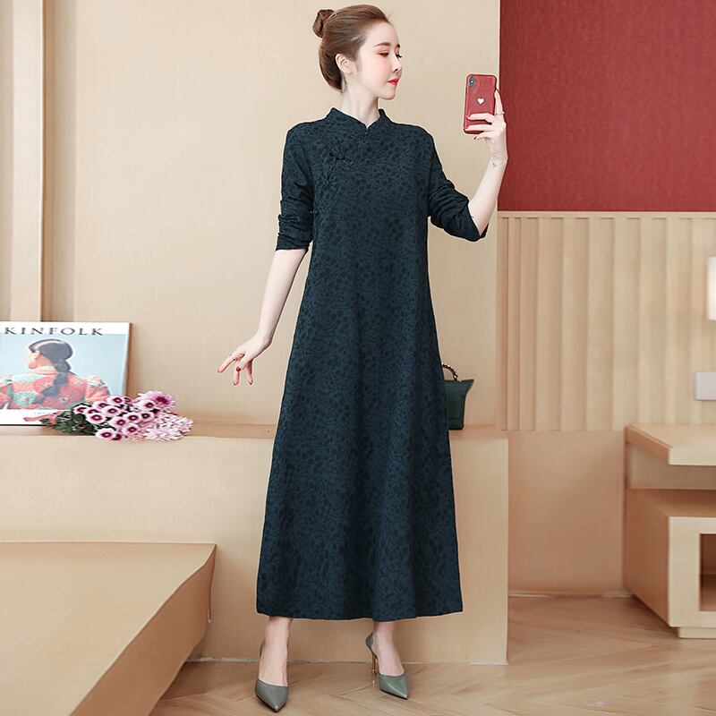 チャイナ風ワンピース 民族風ワンピース 改良唐装 チャイナ風服 中華服 普段着 女子会 同窓会 大きいサイズ M L Ll 3l ビリジャン グリーン ピンク スタンドネック 長袖 ゆったり Elegant