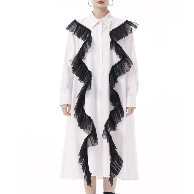 Tulle decorated long shirt dress【2color】 C0940